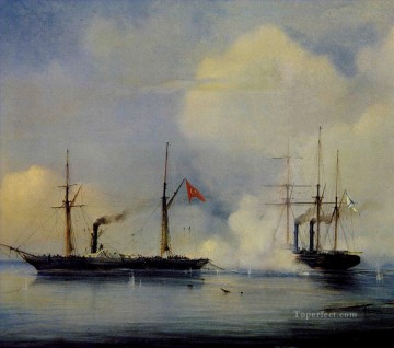 風景 Painting - バーリ軍艦におけるロシアの蒸気護衛艦ウラジーミルとトルコのペルヴァズの間の行動